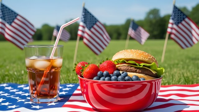 Patriotic picnic with burger berries drink and american flags - Powered by Adobe