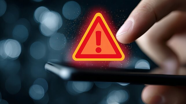 Urgent mobile security alert with glowing warning sign on device screen for immediate action and data protection now