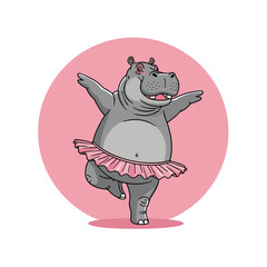 Cute Hippo Ballerina Dancing in Pink Tutu Vector Illustration