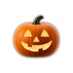 Classic illuminated Halloween Jack-O'-Lantern with a smiling carved face, isolated studio shot on a bright white background.