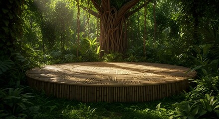 Enchanted forest clearing with a circular wooden stage bathed in ethereal sunlight surrounded by lush greenery and ancient trees
