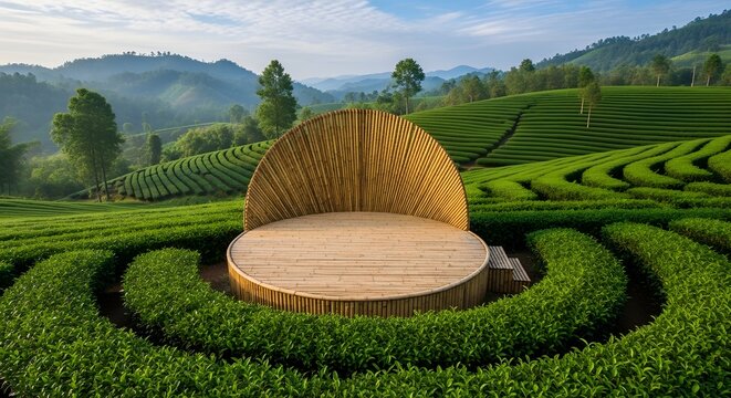 Nature s throne a rustic wooden seat amidst lush terraced tea fields under a serene sky