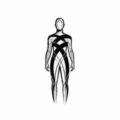 Abstract human figure with intersecting lines and artistic design.