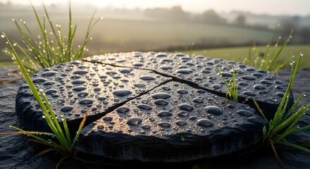 Dewdrops sparkle on a cracked wooden stump surrounded by vibrant green grass in the soft morning light of a misty sunrise