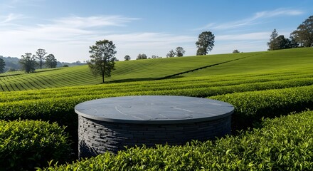 Circular concrete structure in a lush green tea plantation under a bright blue sky with fluffy white clouds