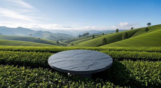 Circular stone platform rests amidst lush green tea plantations with rolling hills and a clear blue sky in the background - Powered by Adobe