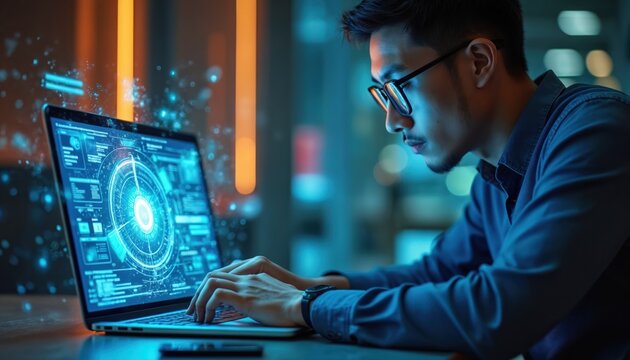 Asian man wearing glasses types on laptop. Futuristic interface shows data graph, network, and chart. Programmer works on software development, digital analysis, and virtual intelligence. - Powered by Adobe