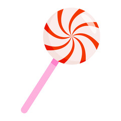 Lollipop icon. Cute swirl candy with stick, spiral caramel sweet sugary dessert snack for kids, round childish symbol simple flat style. Vector cartoon illustration