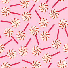 Lollipops seamless pattern. Sweet spiral candy with stick background, cartoon sugar dessert snack for kids, abstract print for wrapping paper, textile, fabric design. Vector texture