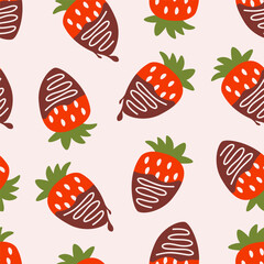 Strawberry seamless pattern. Print of chocolate covered strawberries, cute background with berries for fashion wrapping paper, packaging textile fabric. Vector texture
