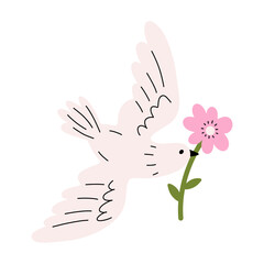 Abstract bird with flower. Contemporary peace symbol with organic shapes, simple natural modern bird in flight flat style. Vector minimal illustration