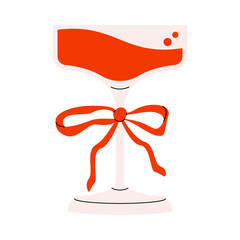 Coquette martini cocktail glass. Abstract alcohol drink with ribbon and bow cute girly design for Valentines day, trendy whimsical feminine party wine glass. Vector flat illustration