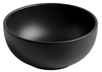 A simple modern matte black ceramic bowl with a smooth rounded shape presented as an isolated object on a transparent background isolated on transparent background