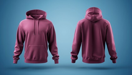 Two Maroon Hoodies Front and Back View Realistic 3D Mockup Apparel Clothing Presentation Isolated on Blue Gradient Background with Soft Shadows Studio Lighting