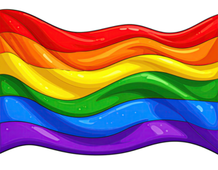 Cartoon illustration of a flowing, vibrant flag composed of rainbow colors against a black backdrop