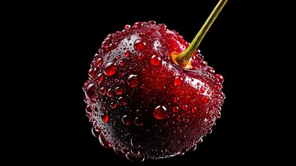 Fresh red cherry glistens with water droplets against a dark background perfect for summer recipes and healthy eating campaigns