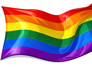 A vibrant rainbow flag waves against a stark black background, symbolizing pride and inclusivity