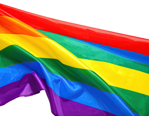 Vibrant rainbow flag waving, representing pride and inclusivity against a black background