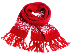 A cozy red knitted winter scarf with white snowflake patterns and fringe, on a transparent background