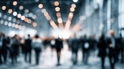 Blurry Corporate Convention: An abstract representation of people in a large convention, the scene evokes a sense of dynamism, opportunity and networking in a professional environment.