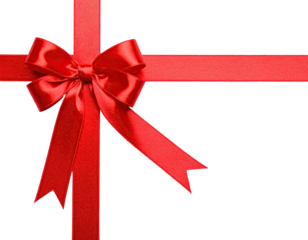 Close-up of a vibrant red satin bow and ribbon cross on a transparent background