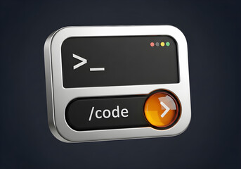 3D rendered coding icon with command line prompt and orange button