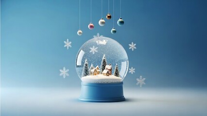 Miniature winter village inside glass globe with hanging ornaments and snowflakes house