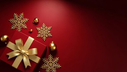 Red gift box with gold ribbon and snowflakes on red background image