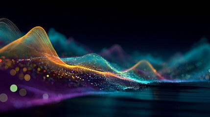 Stunning vibrant data visualization of dynamic information flow with elegant abstract wave patterns perfect for technology presentations