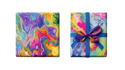 Two colorful gift boxes with abstract patterns isolated on transparent background