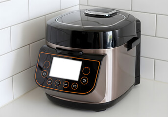 Modern electric multicooker appliance with digital display on kitchen countertop