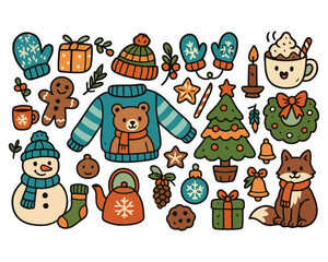 Cute cartoon animal set featuring Christmas icons like Santa, a snowman, a winter tree, and holiday gift illustrations