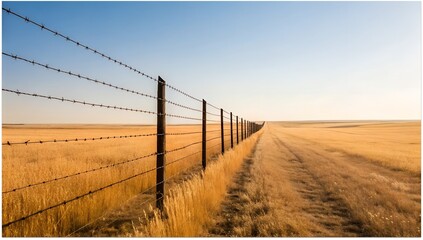 Barbed wire fence stretching across an open field under clear sky