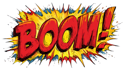 Comic book style boom explosion sound effect isolated on transparent background