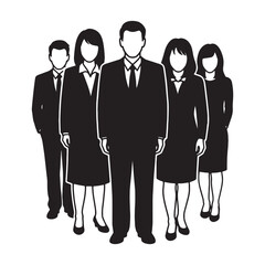 Five black silhouette figures of business people standing together as a team group