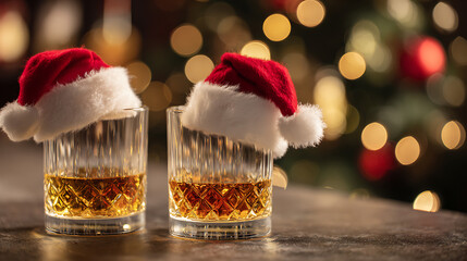 Festive spirits! Two glasses of liquor sport tiny Santa hats, bringing holiday cheer to your celebration. Raise a toast to good times and merry memories this season!