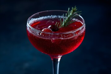 A cocktail with red berries prepared for a Christmas party.