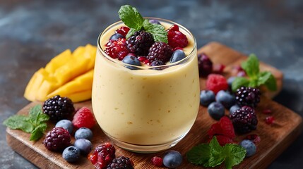 Refreshing mango berry smoothie topped with fresh mint and garnished with mixed berries and mango slices