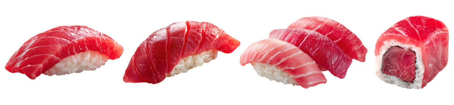 Set of fresh maguro, tuna nigiri and maki sushi isolated on transparent background.