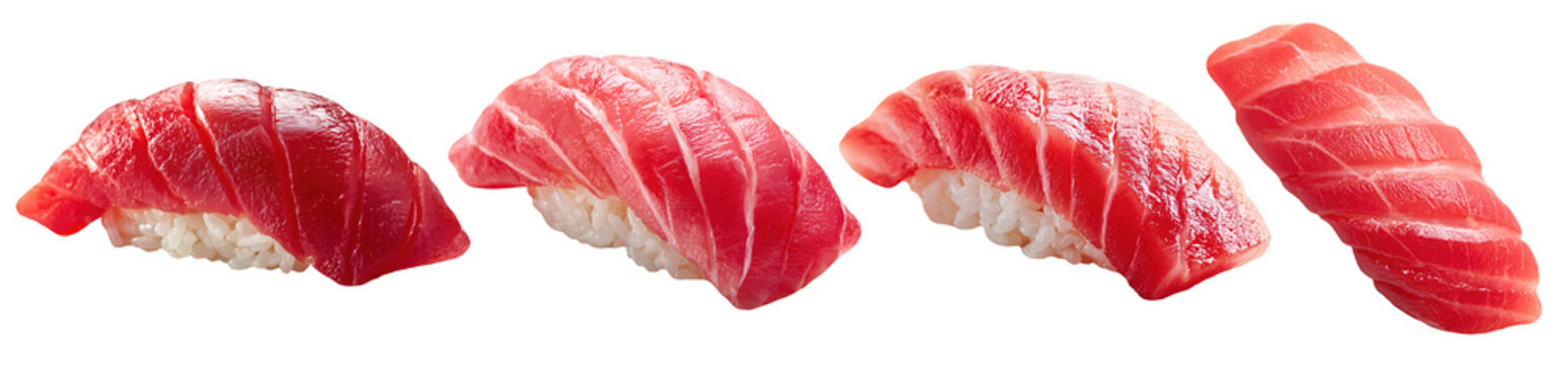 Set of fresh maguro, tuna nigiri sushi isolated on transparent background.