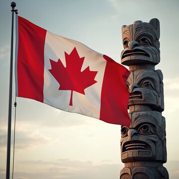 Canadian culture with flag and totem pole is presented. Maple leaf flag flutters near totem pole. National symbol blends with indigenous art. Canada celebrates its heritage.