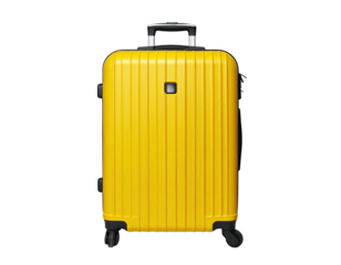 Bright yellow rolling suitcase with a textured exterior and retractable handle