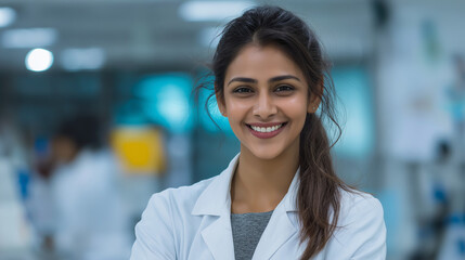 Smiling Female Biomedical Scientist in White Coat Analyzing Data in Healthcare Laboratory