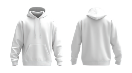Front and back view of a white hoodie isolated on transparent background