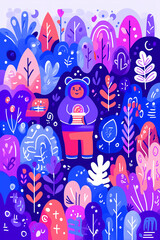 A playful illustration filled with cute animals, astronauts, and stars in bright pink and blue tones.