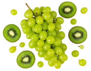 Overhead studio shot of green grapes cluster, and kiwi slices, against black background