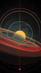 A stylized planet with rings and circular target lines in warm retro tones, blending astronomy and graphic design.