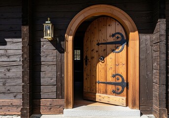 Open arched wooden door with iron hinges in dark log wall of rustic house with lantern
