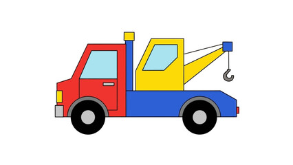 A simplified cartoonstyle tow truck with red blue and yellow sections on a white background