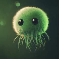 Cute Green Jellyfish Creature Art, Fantasy Kawaii AI Illustration, Soft Glow Digital Wall Art